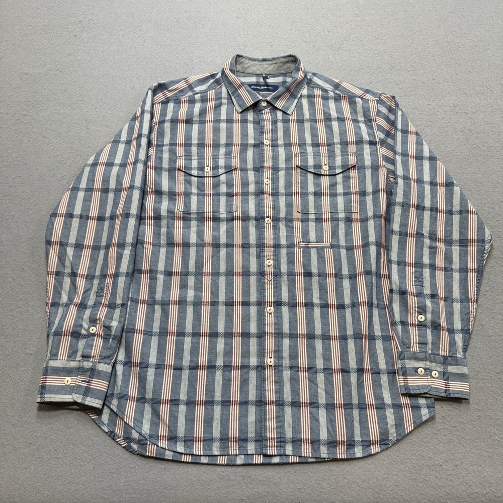 Tommy Bahama Shirt Mens Large Blue Red Plaid Button Down Long Sleeve Camp Collar